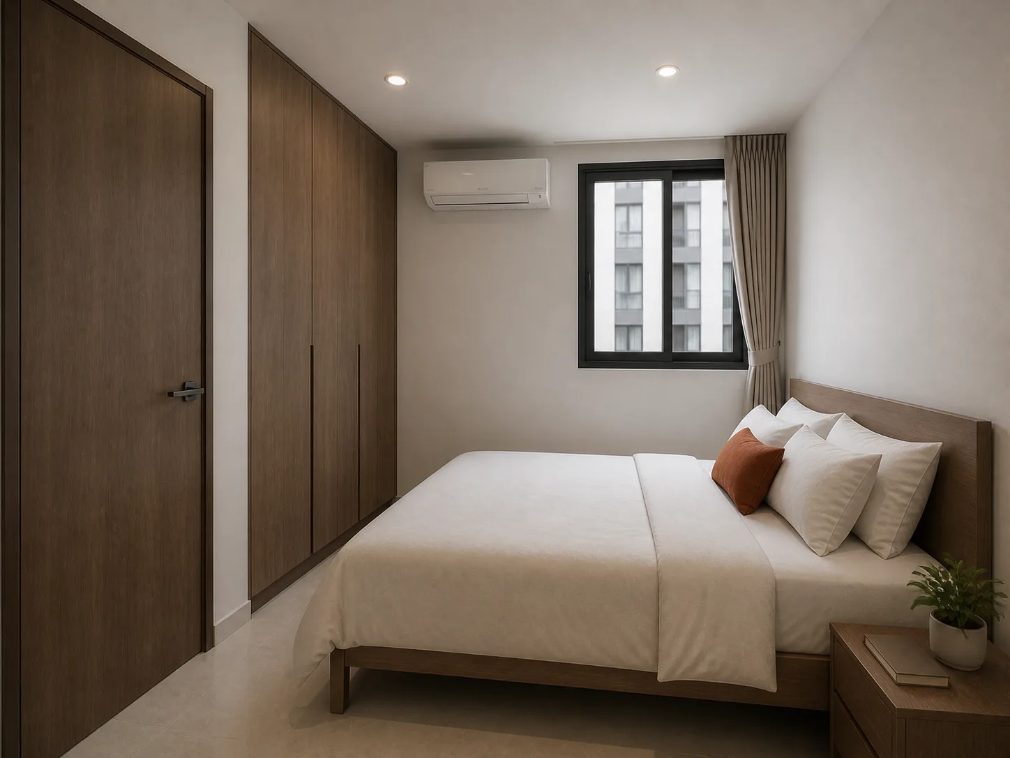 Render of the sleeping area of a 1-Bedroom at NODE Rama 9 — a real-scale bed, a built-in wardrobe, an aluminium window, flat daylight.