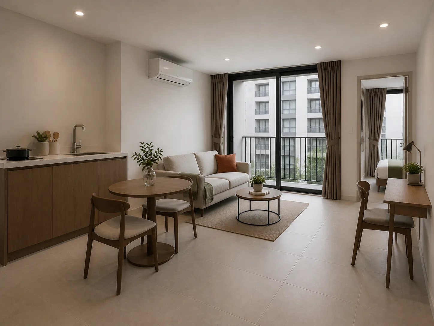 Render of a 1-Bedroom Plus living space at NODE Rama 9 — real-scale furniture, a full-height balcony door, white walls, pale porcelain floor, flat daylight.