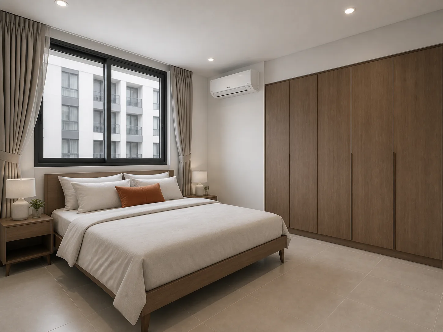 Render of the sleeping area of a 2-Bedroom at NODE Rama 9 — a real-scale bed, a built-in wardrobe, an aluminium window, flat daylight.