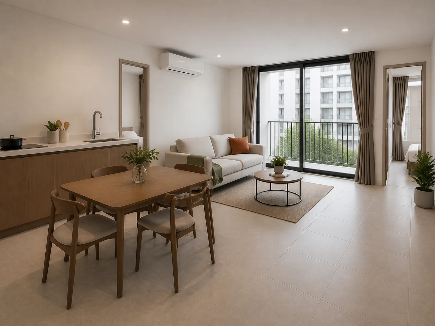 Render of a 2-Bedroom living space at NODE Rama 9 — real-scale furniture, a full-height balcony door, white walls, pale porcelain floor, flat daylight.