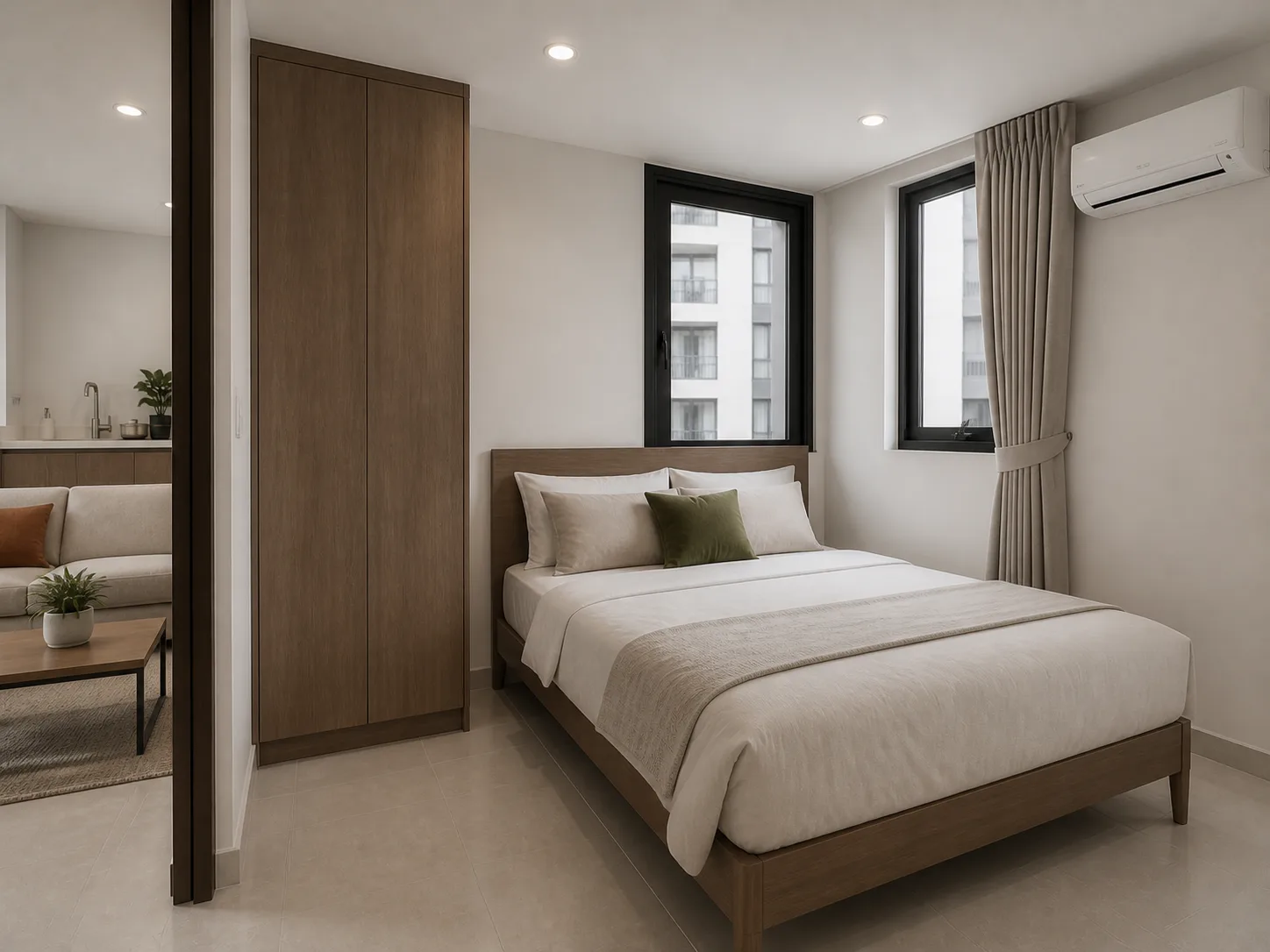 Render of the sleeping area of a Studio at NODE Rama 9 — a real-scale bed, a built-in wardrobe, an aluminium window, flat daylight.