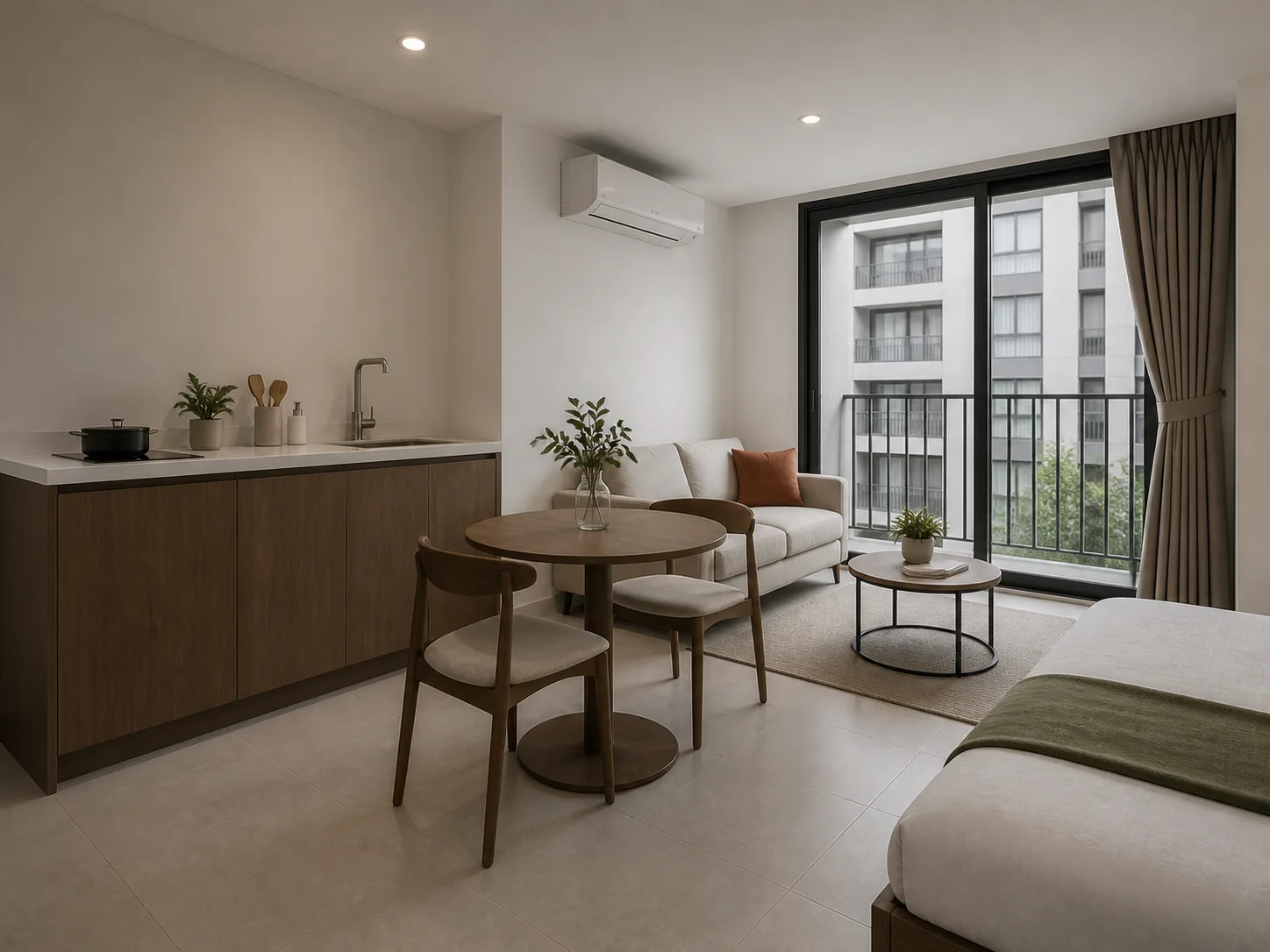 Render of a Studio living space at NODE Rama 9 — real-scale furniture, a full-height balcony door, white walls, pale porcelain floor, flat daylight.